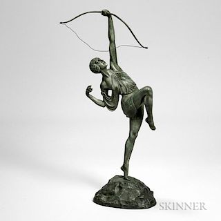 After Pierre Le Faguays (French, 1892-1962)  Bronze Figure of Diana Releasing an Arrow, cast balanced on one foot with her bo