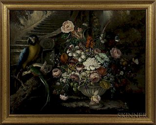 Arthur Lasslow (American, Mid-20th Century)      Dutch-style Still Life with Flowers and Birds