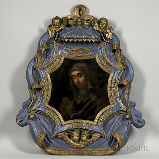 Italian School, 17th Century Style, Madonna in Prayer, in a Carved, Polychrome-decorated, and Gilded Double-sided Frame with 