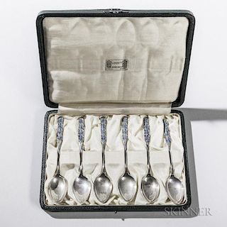 Boxed Set of Six George V Sterling Silver and Enamel Demitasse Spoons