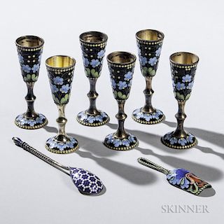 Eight Pieces of Russian Silver and Cloisonne Enamel Tableware