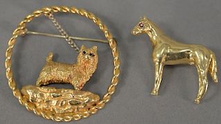 Two 14K gold pins, dog on leash and horse. diam. 1 1/2in. and lg. 1in., 23.6 grams