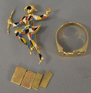 18K gold lot with enameled dancer pin, ring, and bracelet parts. 20 grams