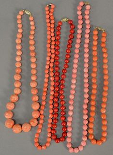 Five coral and stone beaded necklaces. lg. 18in. to 23in.