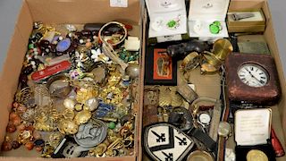Three box lots with costume jewelry, wristwatch, Christofle sparrow paperweights.