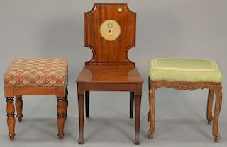 Three piece lot including mahogany chair with hand painted panel and two foot stools. ht. 19in.