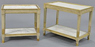 Near pair of Louis XVI style small tables, each with inset marble tops and shelves. ht. 15in., top: 10" x 16" and ht. 16in., 