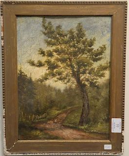 19th Century oil on board, Bar Harbor Maine, titled and monogrammed on front and back, Cromwells Road, Bar Harbor July 1884 H