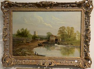 19th Century oil on canvas, Fish Hatchery, signed lower left: A. Hum?, 16" x 24".