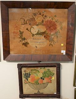 Two 19th century theorems including watercolor on linen still life of flowers in urn and watercolor still life of fruit in co