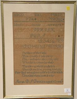 Large 19th century sampler "The lilies of the field That quickly fade away May well to us a lesson yield Who die as soon as t