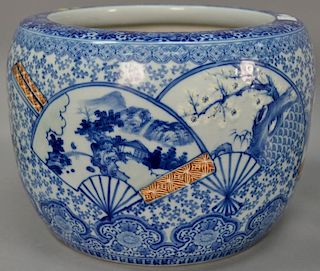 Large Japanese porcelain planter, blue and white with painted hand fans. ht. 12 3/4in., dia. 16in.