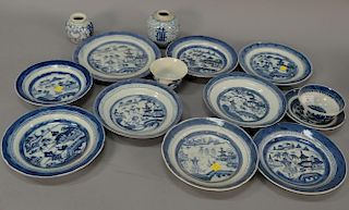 Fourteen piece lot of Canton cups, plates, bowls, and vases. plate dia. 6 1/2in. to 10 1/4in.