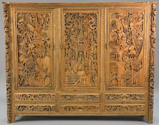 Carved Chinese armoire cabinet. ht. 72in., wd. 85in., dp. 18in.