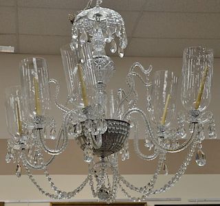 Cut colorless crystal chandelier with six arms and hurricane shades. ht. without chain: 48in., dia. approximately 48 in. Prov