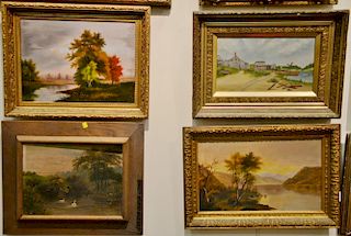 Group of eight 19th and 20th century paintings including Maggie Mills, oil on canvas, pond with swans; two small landscapes s