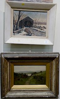 Three small paintings including Henry R. Diamond (1896-1989), oil on artist's board, winter landscape Covered Bridge; Arthur 