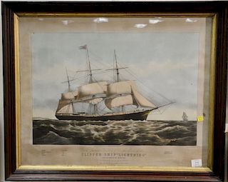 Nathaniel Currier, large folio hand colored lithograph, Clipper Ship "Lightning", image size 16 1/2" x 24" Provenance: Estate