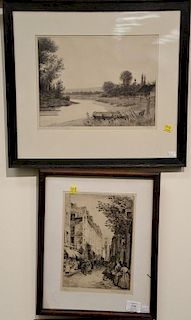 Group of six etchings to include E. Pearle "Where Memories Linger", Taking apart a Battleship signed indistinctly lower right