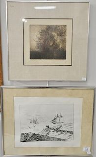 Three etchings to include Alan James, Canada Geese 43/180, pencil signed, plate size 6" x 8"; Lionel Barrymore, "Nantucket", 