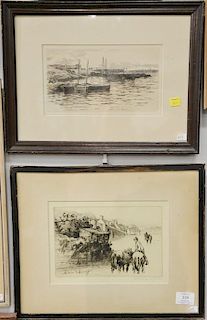 Group of six etchings to include Alfred Rudolph Companions etching, round etching pencil signed lower right Gi?teu Ka?, stree