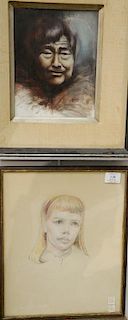 Five Portrait paintings to include Edna W. Lawrence (1898-1987), crayon drawing, Bust of Girl, signed lower right: Edna W. La