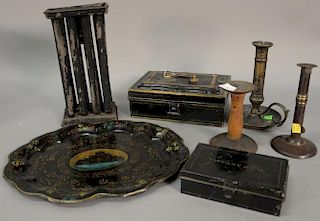 Seven piece lot including an 18th century tinned iron and brass brass wedding band hog scraper/push up candlestick, a tole ca