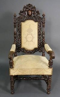 Jacobean Style Oak Throne or Hall Elbow Chair
