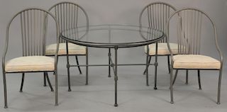 Five piece metal outdoor set with glass top table. dia. 48in. Provenance: Estate of Arthur C. Pinto, MD