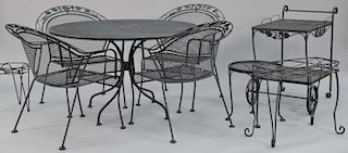 Eight piece lot including mesh metal set with table, four chairs, and two stands, and a tea cart. dia. 48in.
