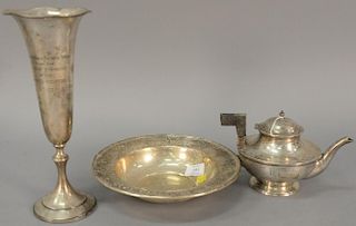 Sterling silver three piece lot to include bowl (ht. 2in., dia. 10in.), teapot, and trumpet vase. 25.45 troy ounces plus trum