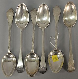 Six large silver tablespoons, three marked AG with anchor. lg. 8 3/4in., 12.8 troy ounces