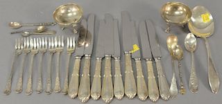 Silver lot with pair of salts, various spoons and forks. 14 troy ounces plus 9 handles