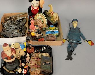 Large group of toys and figures to include paper mache Popeye figure, Walt Disney Dan Brechner ceramic Mickey Mouse, paper ma