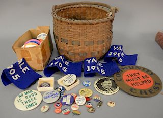 Lot to include political pins, Indian basket, small Yale 1905 banners (handle as is).