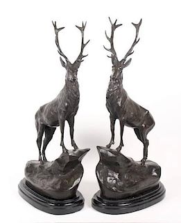 Pair of Bronze Stags on Stone Plinths, J. Moigniez