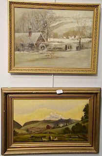Four paintings including an oil on canvas 19th century sunset farm landscape, unsigned; O.E. Sands oil on board, woods with t