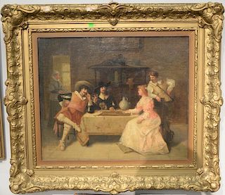 Francois Dumont (b. 1850), oil on canvas, Interior Tavern Checkers Game, signed lower left: F. Dumont 1904, 21 1/2" x 25 1/2"
