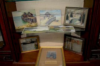 Eight small oil paintings including Charles E. Duncan Rodick (1874), oil on board winter landscape, signed lower right C E D 