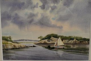 Martin Ahearn (1918-2009) watercolor "Sheltered Cove", signed lower left: Martin Ahearn Aws, Martin Ahearn, Rockport Mass lab