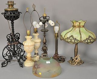 Six table lamps to include panel shade lamp, reverse painted lamp, bronze lamp base, pair of alabaster lamps, and a Victorian