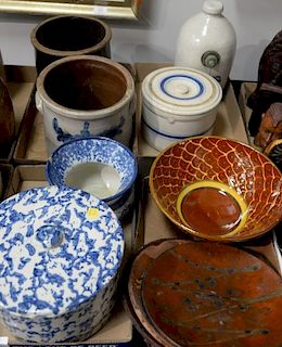 Four box lots including stoneware, sponge decorated (two pieces), and slip decorated redware. Provenance: Estate of Arthur C.