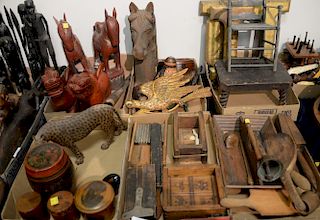 Six box lots including primitives woodenware, carved animals, Chinese figures, molds, etc. Provenance: Estate of Arthur C. Pi