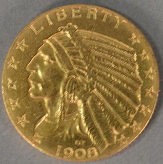 1908 Indian $5 gold coin