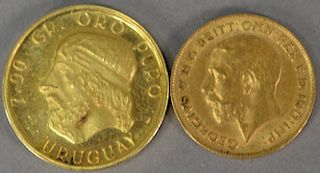 Two piece lot including British gold coin (4 grams) and Uruguay gold bullion (7.9 grams).