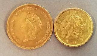 Two one dollar gold coins 1851 and one used as jewelry.