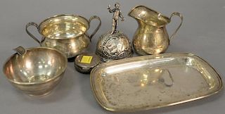 Sterling silver lot including small tray, ashtray, sugar bowl, creamer, bell, and pill box. 19.66 troy ounces