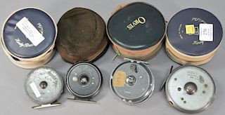 Four fly reels including Orvis Magnalite Multiplex, Hardy Lightweight, Hardy "The St. John", and Ocean City #35. Provenance: 