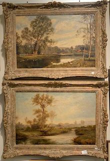 Pair of John Langstaffe (1849-1912), oil on canvas farm landscapes, Dusk in the Pond and October Glow, signed lower left: J. 