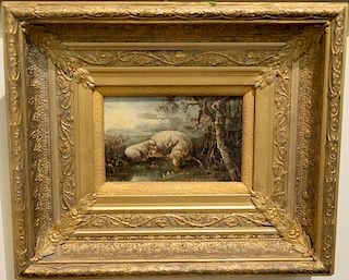 Two 19th century paintings to include John Hitchins (1865-1874), oil on board, Sheep Sleeping, signed lower right: J. Hitchin